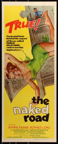 7w868 NAKED ROAD insert 1959 wacky artwork of sexy girl w/torn dress pushed out of skyscraper window!