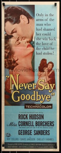 7w870 NEVER SAY GOODBYE insert 1956 close up of Rock Hudson holding Miss Cornell Borchers!