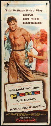 7w895 PICNIC insert 1956 great art of barechested William Holden & sexy long-haired Kim Novak!
