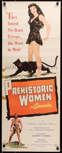 7w900 PREHISTORIC WOMEN insert 1950 Laurette Luez is held down by man threatening her with a torch!
