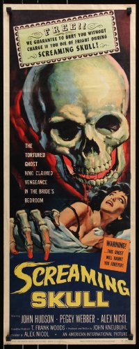 7w923 SCREAMING SKULL insert 1958 fantastic art of huge skull & sexy girl grabbed by skeleton hand!