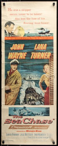 7w924 SEA CHASE insert 1955 great seafaring artwork of John Wayne & Lana Turner!