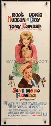 7w925 SEND ME NO FLOWERS insert 1964 great image of Rock Hudson, Doris Day & Tony Randall!