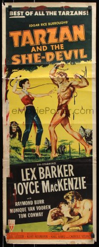 7w953 TARZAN & THE SHE-DEVIL insert 1953 sexy Joyce MacKenzie swings whip at barechested Lex Barker