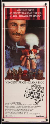 7w957 THEATRE OF BLOOD insert 1973 great art of Vincent Price holding bloody skull w/dead audience!
