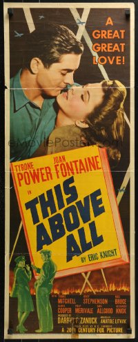 7w961 THIS ABOVE ALL insert 1942 great romantic close up of Tyrone Power & Joan Fontaine!