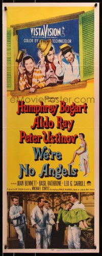 7w984 WE'RE NO ANGELS insert 1955 Humphrey Bogart, Aldo Ray & Ustinov tipping their hats!
