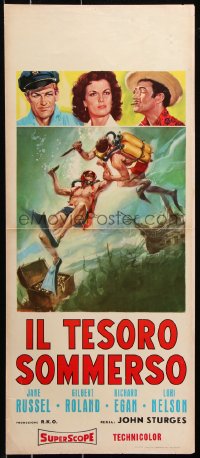 7w645 UNDERWATER Italian locandina R1960s Hughes, different art of scuba diver Jane Russell & fight!