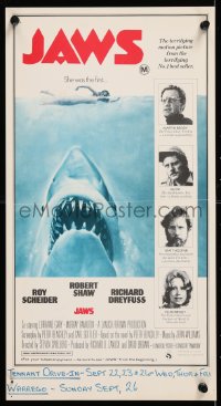 7y015 JAWS Aust poster 1975 Spielberg's man-eating shark attacking swimmer, different & ultra-rare!