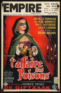 7y364 POISON AFFAIR Belgian 1955 wild artwork of Danielle Darrieux in cloak pouring drink!