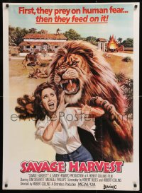 7y212 SAVAGE HARVEST Pakistani 1981 wild artwork of African lion attacking sexy girl by Larkin!