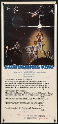 7y021 STAR WARS Swedish stolpe 1977 George Lucas classic epic, art by Tom Jung, ultra-rare!