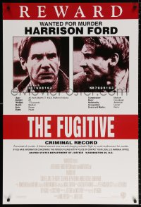 7z631 FUGITIVE recalled int'l 1sh 1993 Harrison Ford is on the run, cool wanted poster design!