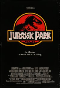 7z703 JURASSIC PARK DS 1sh 1993 Steven Spielberg, classic logo with T-Rex over red background