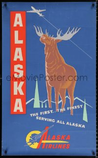 7z082 ALASKA AIRLINES ALASKA 24x40 travel poster 1950s first & finest, silkscreen art of moose!