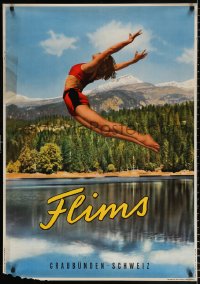 7z096 FLIMS 28x39 Swiss travel poster 1970s mountains, woman leaping into lake Caumasee!