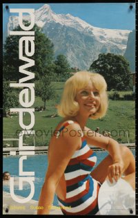 7z102 GRINDELWALD 25x40 Swiss travel poster 1960s woman poolside with mountains in the background!