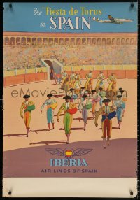7z105 IBERIA THE FIESTA DE TOROS 27x39 Spanish travel poster 1950s matadors in stadium!