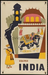7z107 INDIA 25x40 Indian travel poster 1960s art of elephant and more, Udaipur!
