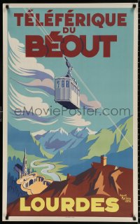 7z109 LOURDES 25x40 French travel poster 1952 Mathieu art of cable car in Pyrenees mountains!