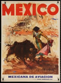 7z116 PAN AMERICAN MEXICO 27x37 Mexican travel poster 1960s matador fighting bull by Llopis!