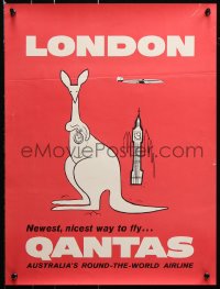 7z118 QANTAS LONDON 15x20 Australian travel poster 1950s art of a kangaroo and Big Ben!