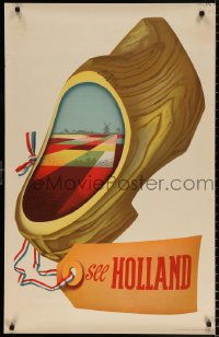 7z125 SEE HOLLAND 25x38 Dutch travel poster 1950s Cor V. Velsen art of wooden shoe & landscape!