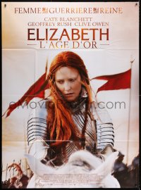 8b713 ELIZABETH: THE GOLDEN AGE French 1p 2007 c/u of Cate Blanchett in armor on horseback!!