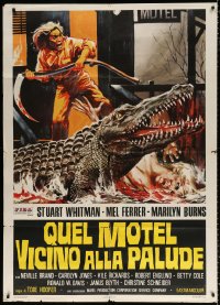 8b134 EATEN ALIVE Italian 1p 1977 Tobe Hooper, wild horror artwork of madman w/scythe & alligator!