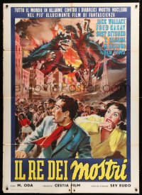 8b144 GIGANTIS THE FIRE MONSTER Italian 1p 1958 different Cesselon art of Godzilla & Angurus, rare!