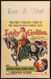 8b387 LADY GODIVA WC 1955 artwork of super sexy naked Maureen O'Hara on horseback!