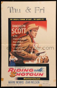 8b462 RIDING SHOTGUN WC 1954 great image of cowboy Randolph Scott with smoking gun!