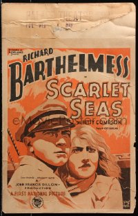 8b473 SCARLET SEAS WC 1928 Ding Bell art of Richard Barthelmess & scared Betty Compson, lost film!