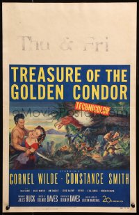 8b536 TREASURE OF THE GOLDEN CONDOR WC 1953 art of Cornel Wilde grabbing girl & attacked by snake!
