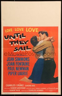 8b541 UNTIL THEY SAIL WC 1957 Paul Newman kissing sexy Jean Simmons, from James Michener story!