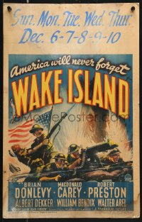8b545 WAKE ISLAND WC 1942 great partriotic art of soldiers by Old Glory, America will never forget!