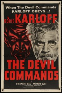 8f299 DEVIL COMMANDS 1sh R1955 cool art of Boris Karloff & the devil who commands him!