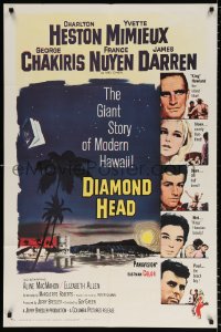 8f303 DIAMOND HEAD 1sh 1962 Charlton Heston, Yvette Mimieux, cool art of Hawaiian volcano!