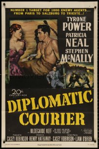 8f310 DIPLOMATIC COURIER 1sh 1952 cool art of Patricia Neal pulling a gun on shirtless Tyrone Power!