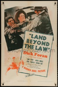 8f574 LAND BEYOND THE LAW 1sh R1943 great image of singing cowboy Dick Foran in fight!