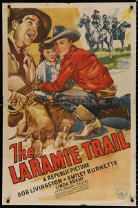 8f577 LARAMIE TRAIL 1sh 1944 art of cowboy hero Robert Livingston, Smiley Burnette & Linda Brent!