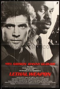 8f594 LETHAL WEAPON advance 1sh 1987 great close image of cop partners Mel Gibson & Danny Glover!