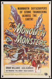 8f656 MONOLITH MONSTERS 1sh 1957 classic Reynold Brown sci-fi art of living skyscrapers!