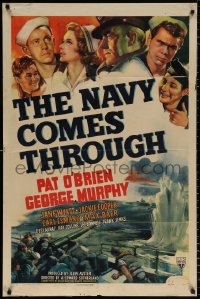 8f674 NAVY COMES THROUGH 1sh 1942 sailors Pat O'Brien, George Murphy, Desi Arnaz, cool WWII art!