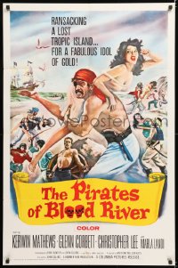 8f732 PIRATES OF BLOOD RIVER 1sh 1962 great art of buccaneer carrying sexy babe, Hammer!