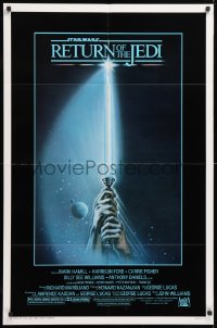 8f769 RETURN OF THE JEDI 1sh 1983 George Lucas, art of hands holding lightsaber by Reamer!
