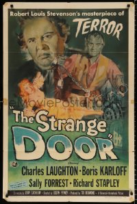 8f874 STRANGE DOOR 1sh 1951 art of chained Boris Karloff, Charles Laughton & sexy Sally Forrest!