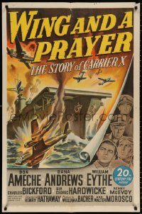 8f975 WING & A PRAYER 1sh 1944 Don Ameche, Dana Andrews, cool WWII naval battle art, ultra-rare!