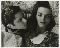 8g691 OUTLAW 6.75x8.25 still 1946 best close up of sexy Jane Russell & Jack Buetel in the hay!