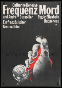 8j188 FREQUENT DEATH East German 23x32 1990 cool art of bloody hand on phone by D. Heidenreich!